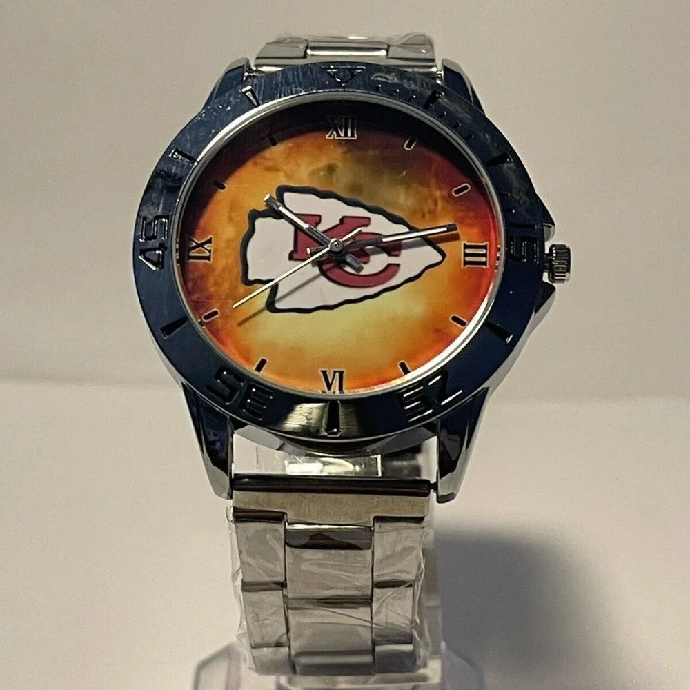 KANSAS CITY CHIEFS NFL Team Logo Men's Stainless-Steel Watch NEW - needs battery